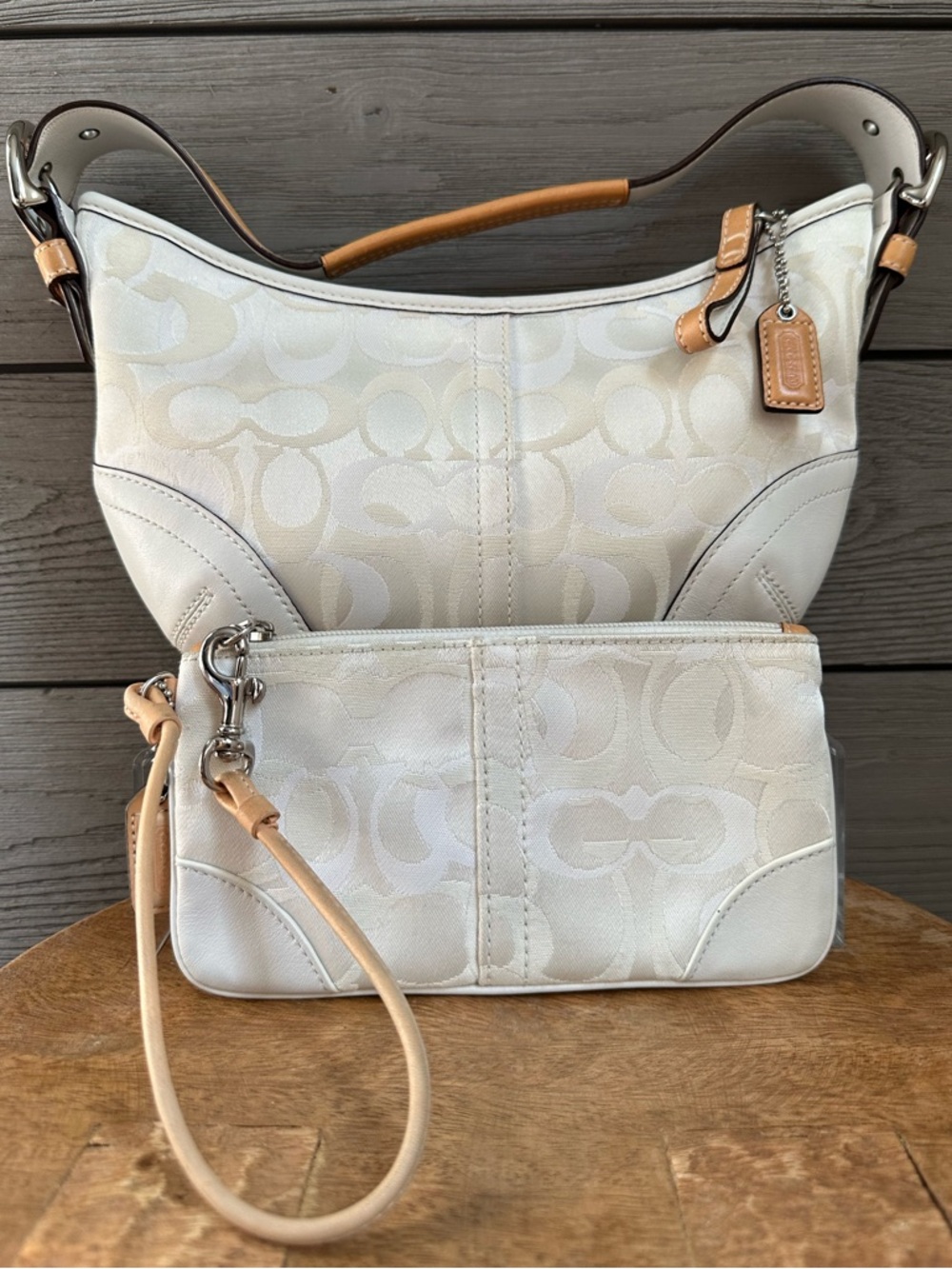 Vintage Y2K Coach SET White Optic Signature Monogram Hobo Bag Purse + Wristlet